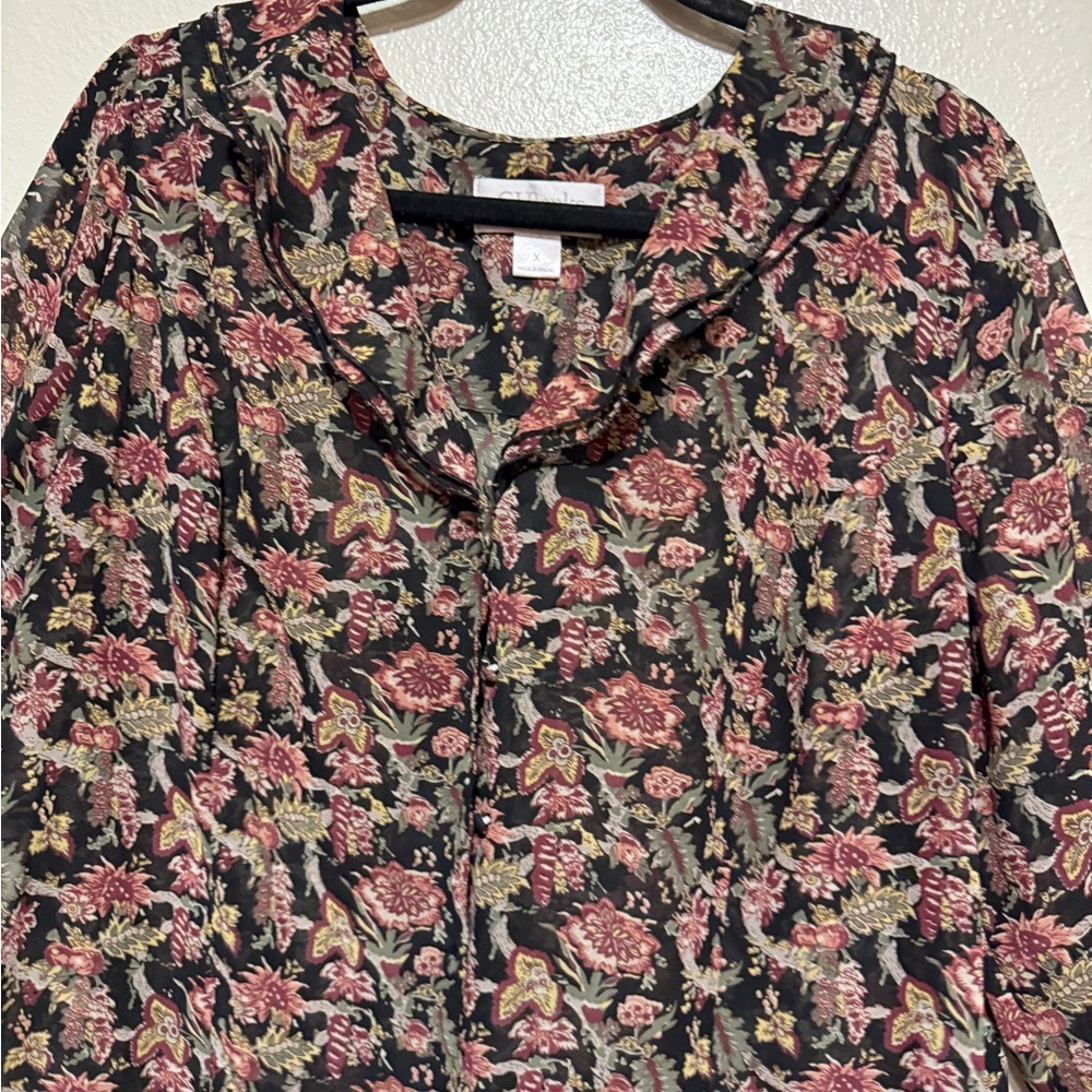CJ Banks Earthy Floral Ruffle Collar Button-Down Blouse | Women’s Top - Picture 4 of 5
